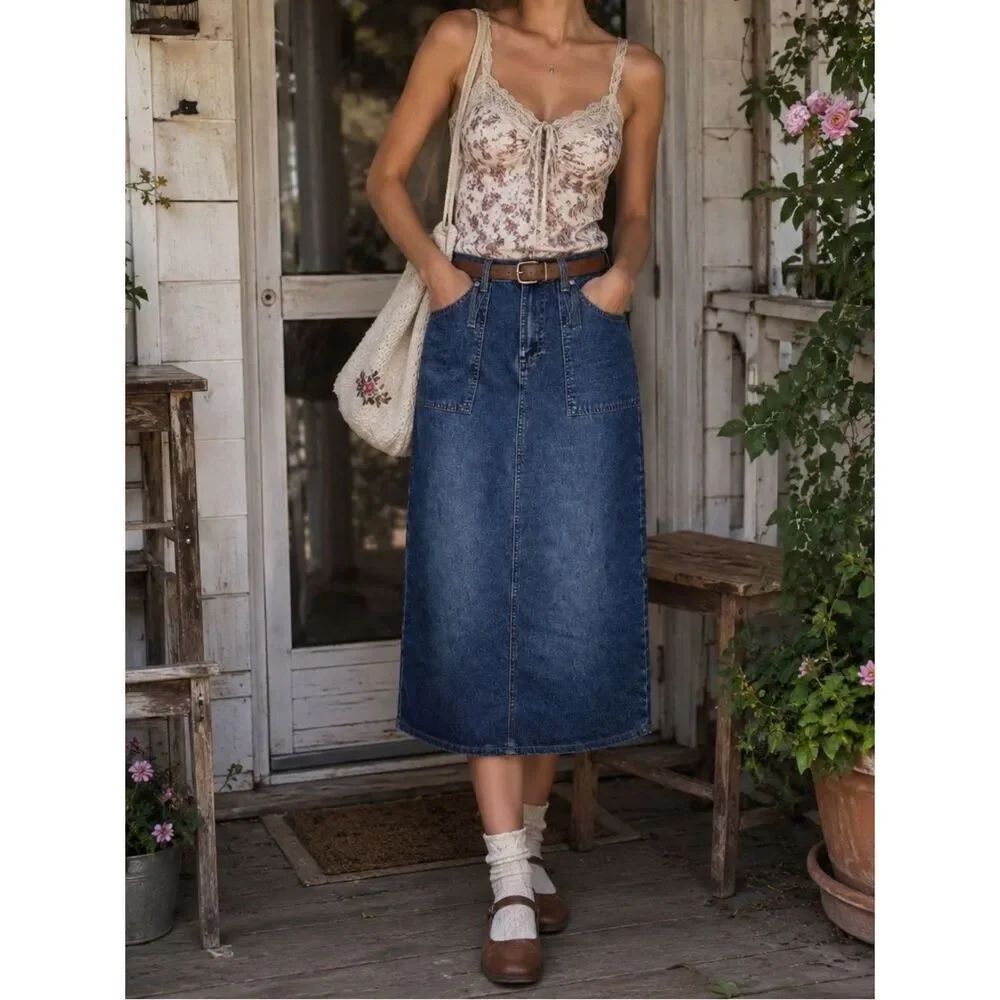 Y2K No Boundaries Dark Wash Denim Midi Skirt Sz 7 Cottage Prairie Indie Grunge